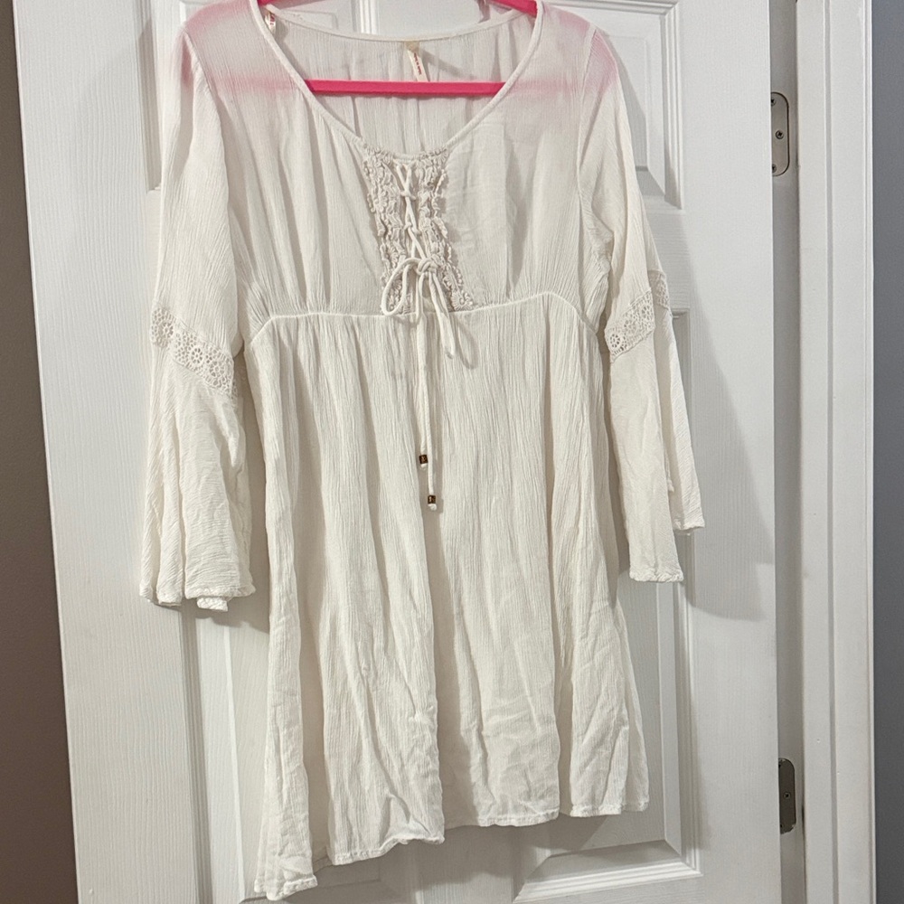True Destiny Cream Long Sleeve Lace-Up Tunic Dress